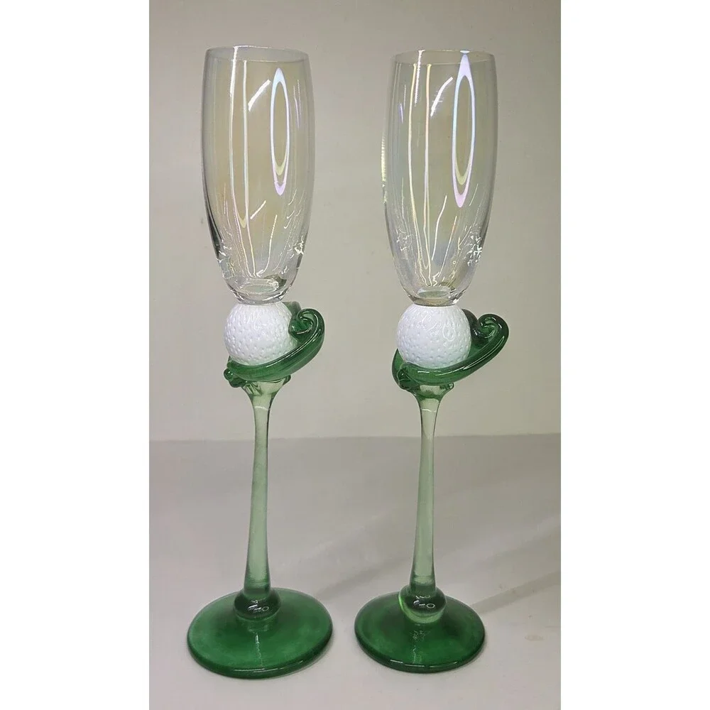 Pair Vintage Hand Blown Brioni Glass The Perfect Lie Champagne Flutes Golf Ball